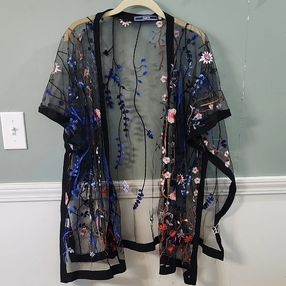 Highness Sheer Black Kimono with Floral Embroidery